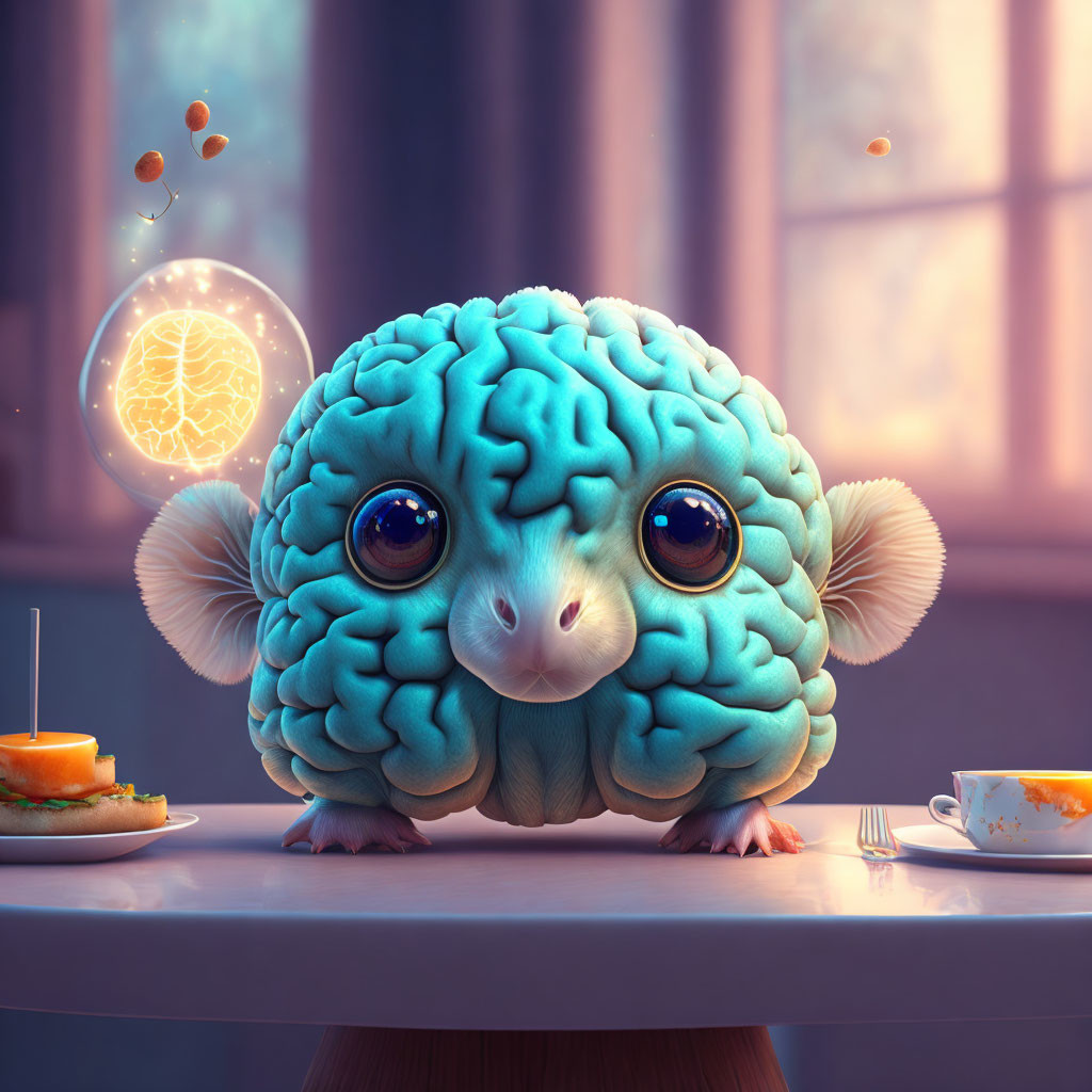 Brain-textured creature with big eyes enjoying tiny pancakes and tea at a table.