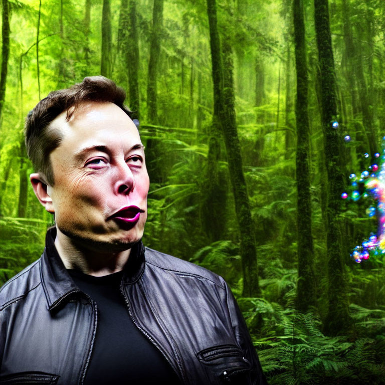 Digitally altered face in front of enchanting forest with green hues
