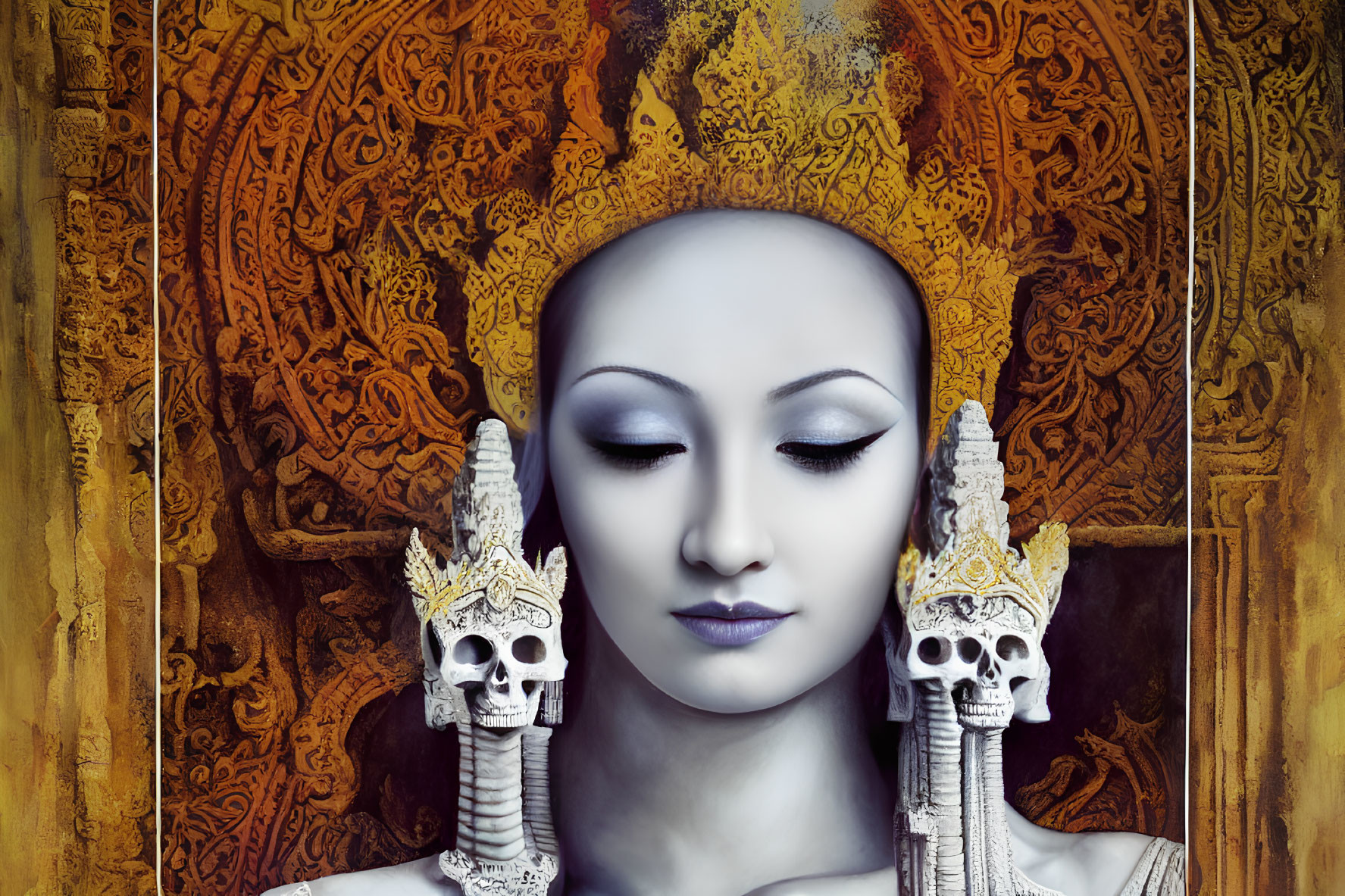 Portrait of a serene woman with dragon sculptures and golden patterns