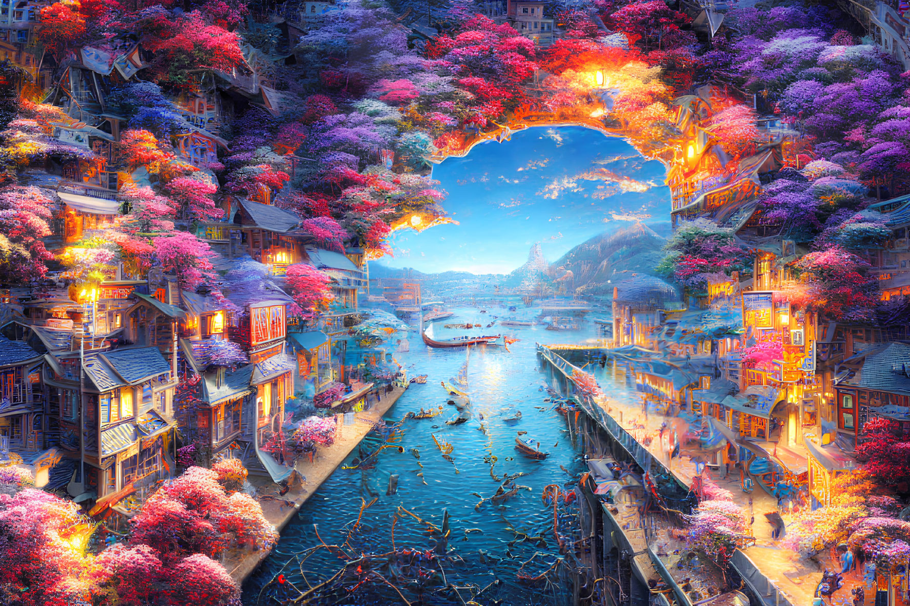 Colorful Blossoming Trees and Traditional Architecture in a Fantastical Canal City