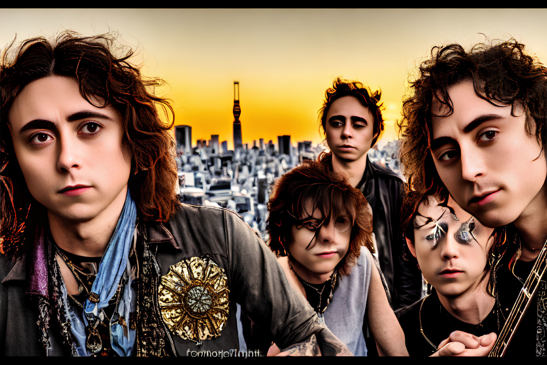 Multiple clones of a person with different expressions against urban skyline at sunset