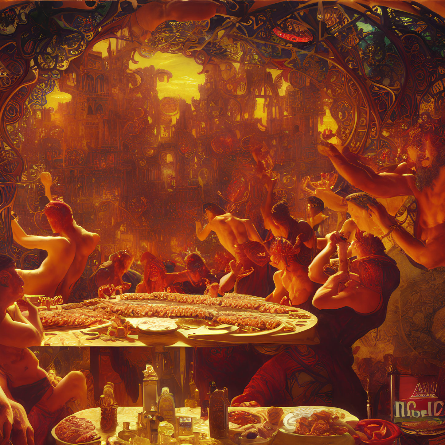 Opulent Art Nouveau feast with classical figures and ornate architecture