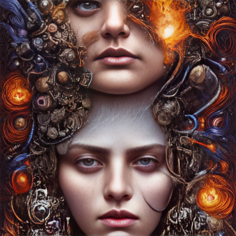 Split-face fantasy art with ornate, fiery and dark elements.