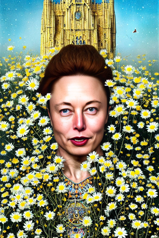 Surreal portrait of person's face merging with daisies and cathedral backdrop
