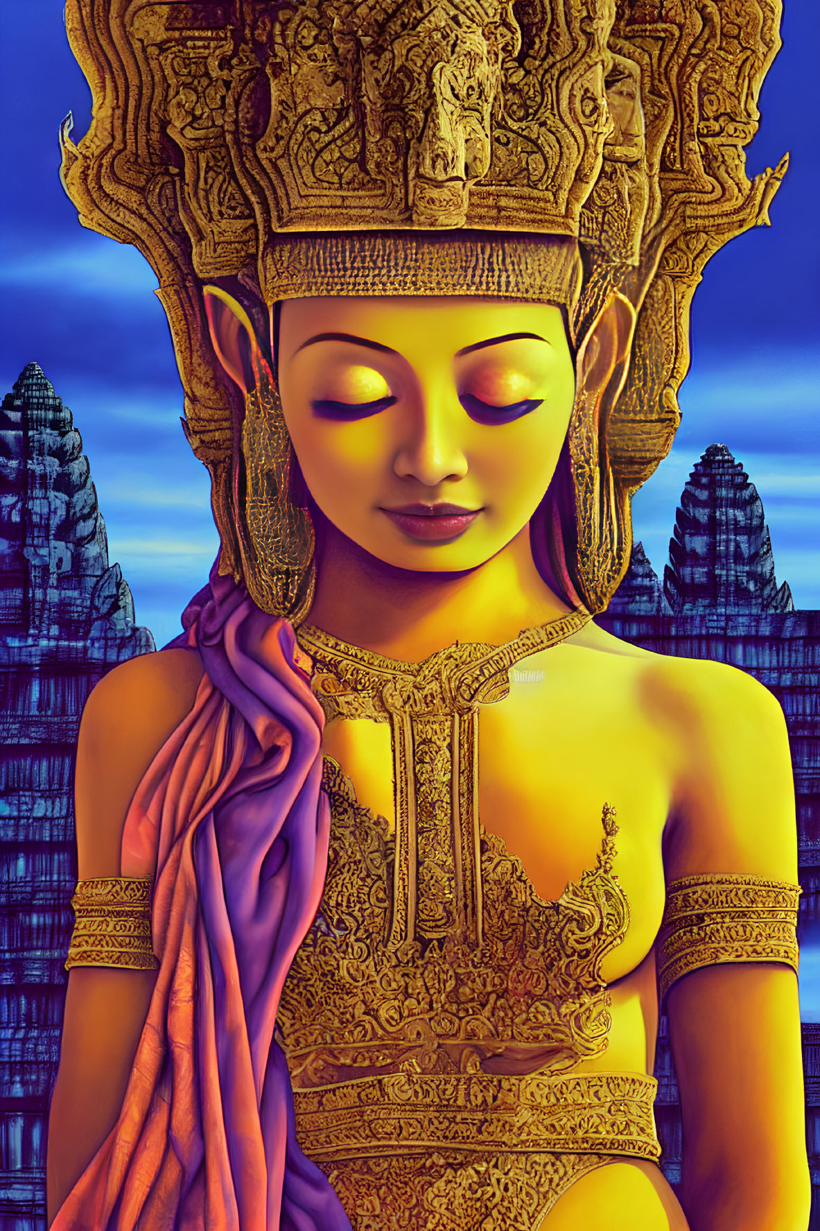 Serene golden figure in Khmer headpiece with purple draping, Angkor Wat temples background
