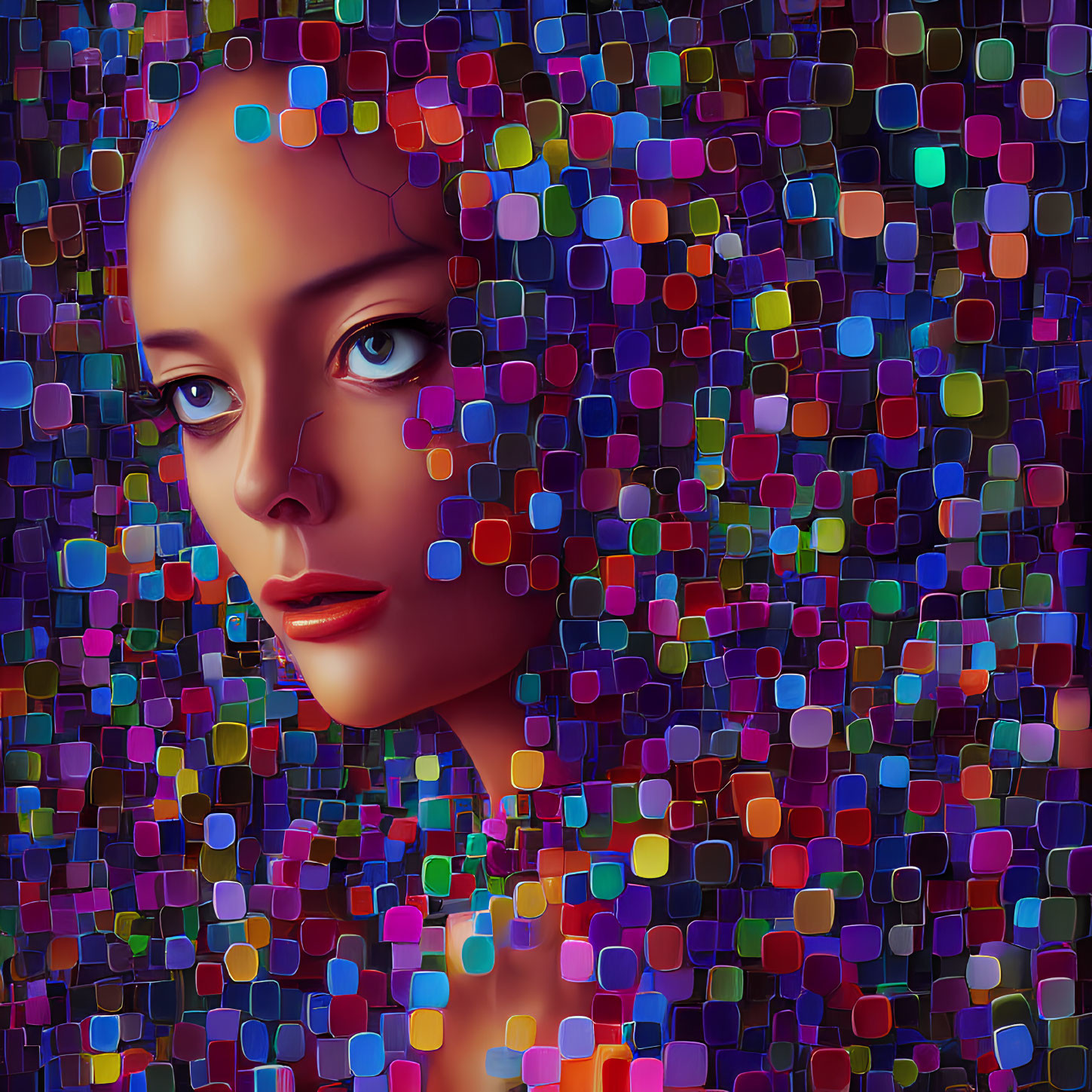 Colorful Geometric Fragmented Face Artwork on Dark Background