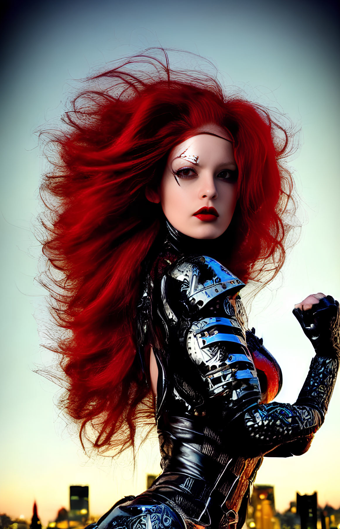 Digital artwork: Woman with red hair in futuristic bodysuit against city skyline
