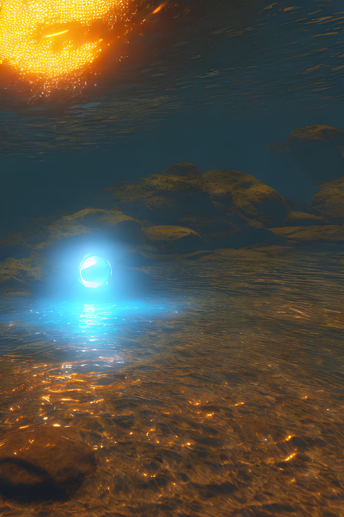 Glowing blue object in underwater scene with rocks and golden sparkles