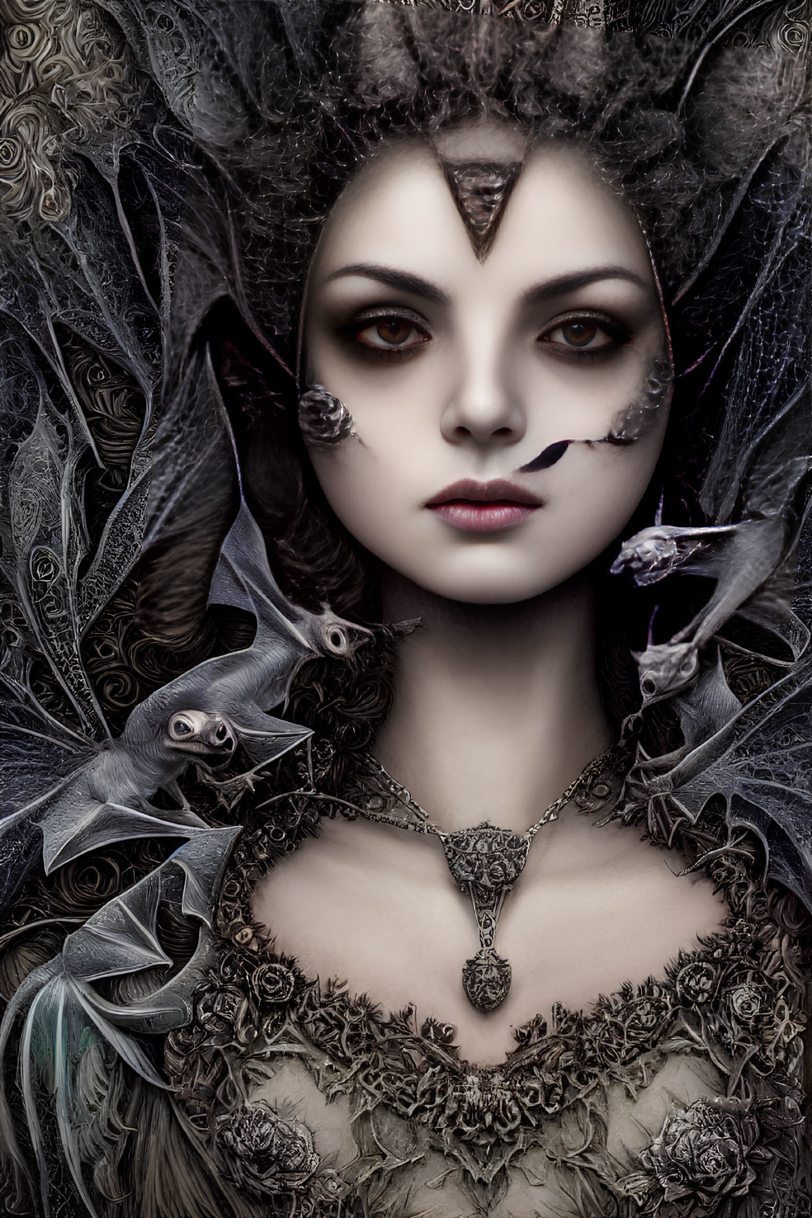 Gothic fantasy portrait of pale woman with dark makeup and bats