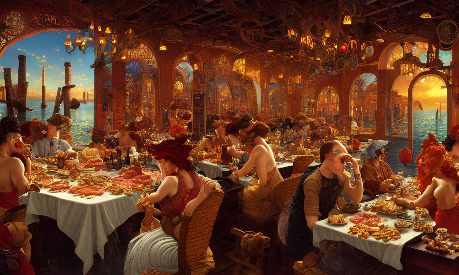 Opulent banquet scene in ornate hall with people in red tones dining and conversing under warm lighting