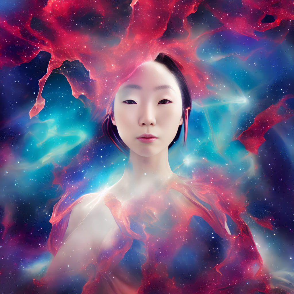 Portrait of a woman with cosmos and nebula overlay for surreal effect