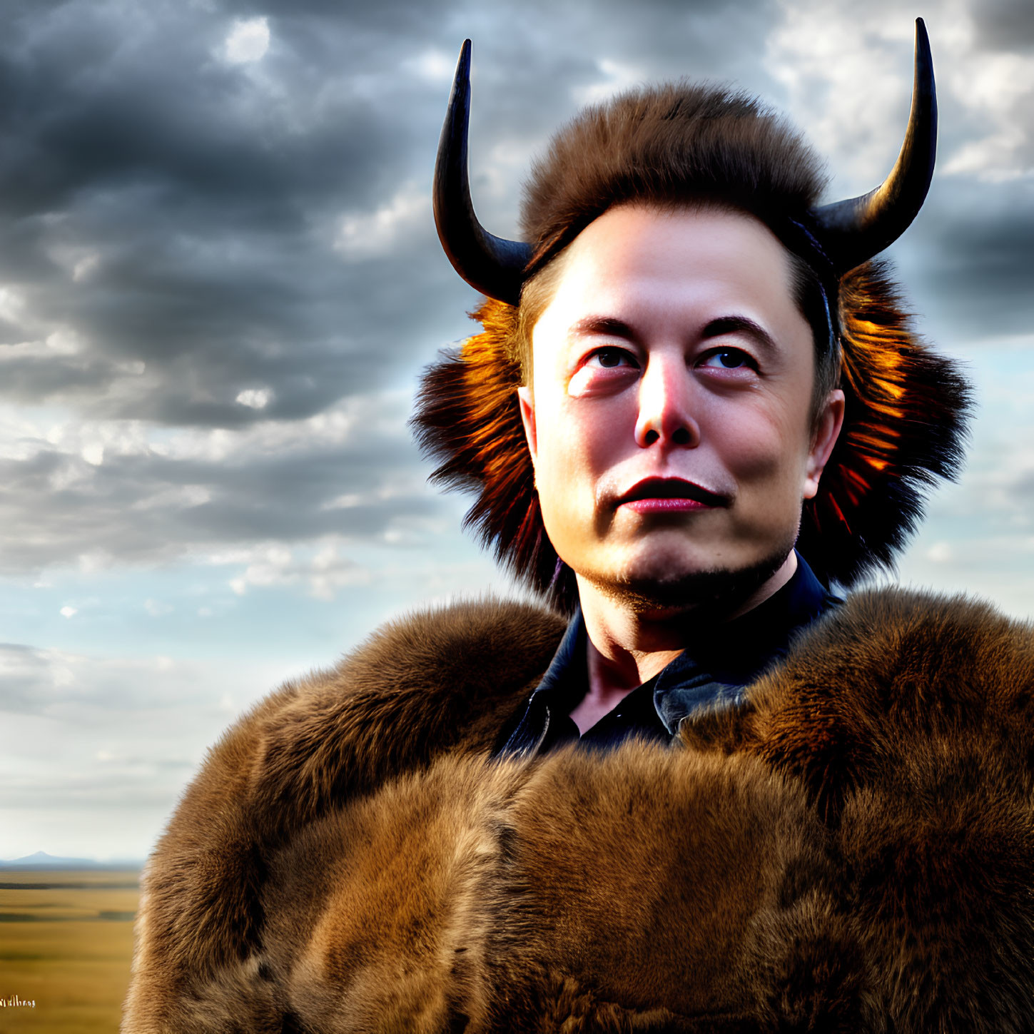 Serious person in costume with fur collar and horns under cloudy sky