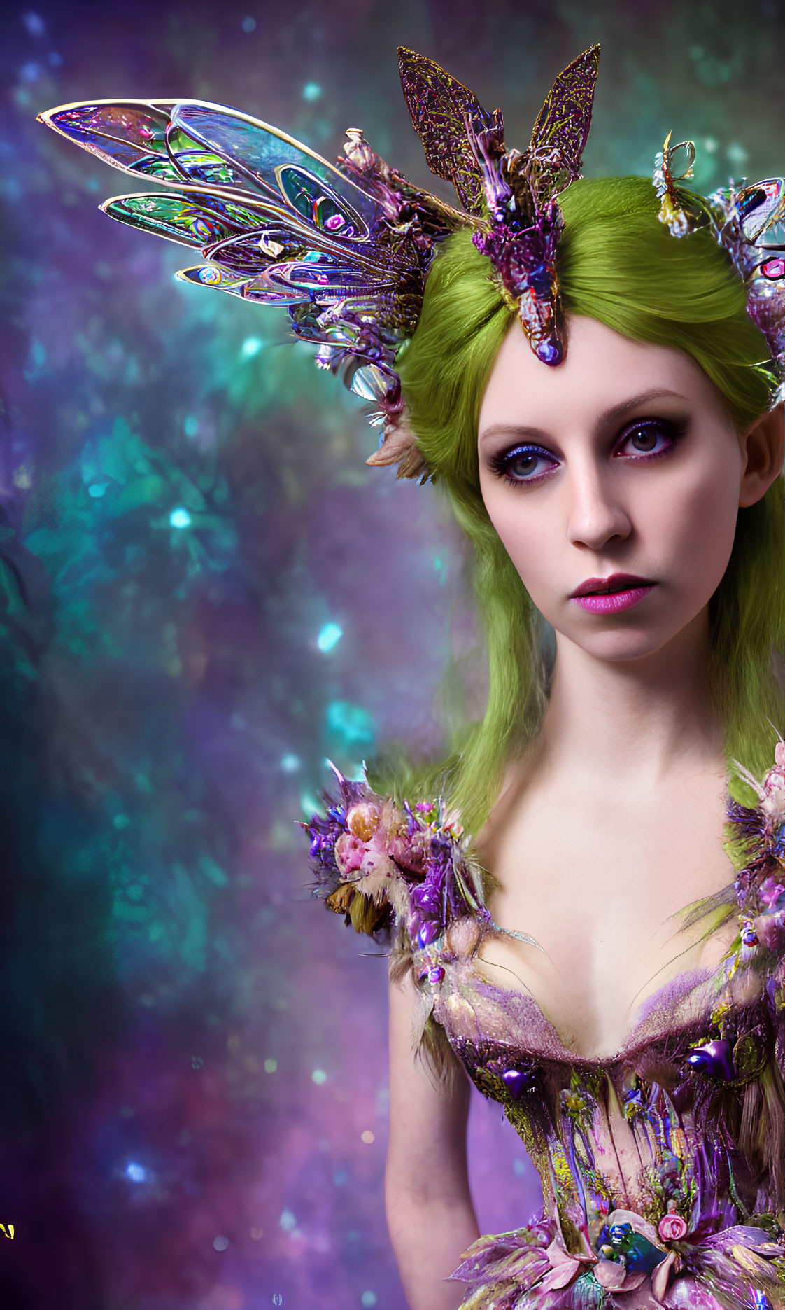 Fantasy fairy costume with green hair and butterfly wings