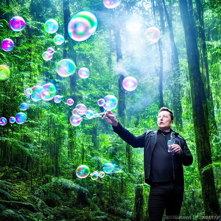 Person blowing soap bubbles in lush green forest with sunlight filtering through trees