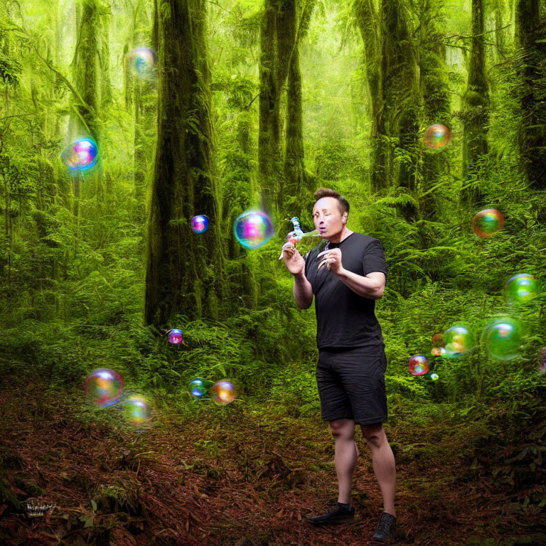 Man blowing soap bubbles in lush green forest with sunlight filtering through dense canopy