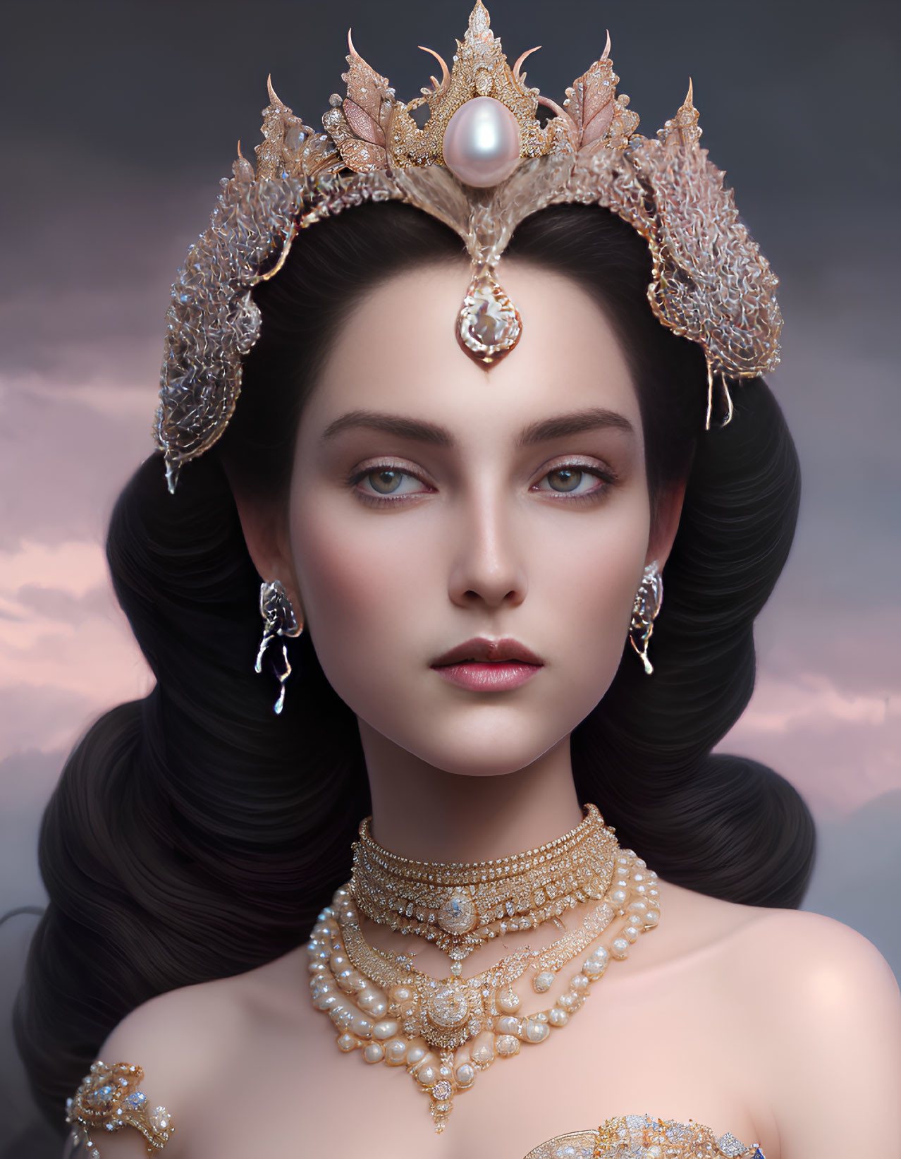 Portrait of woman with dark hair in pearl and gold jewelry against cloudy sky