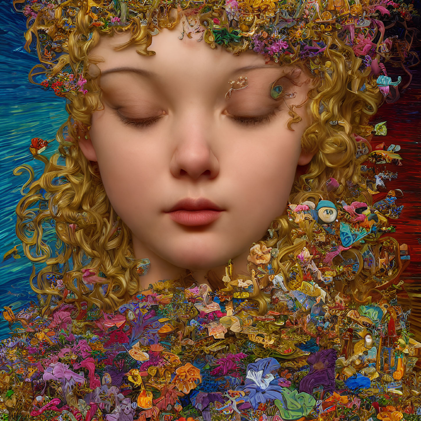 Detailed Digital Art Portrait of Young Woman with Floral and Faunal Elements