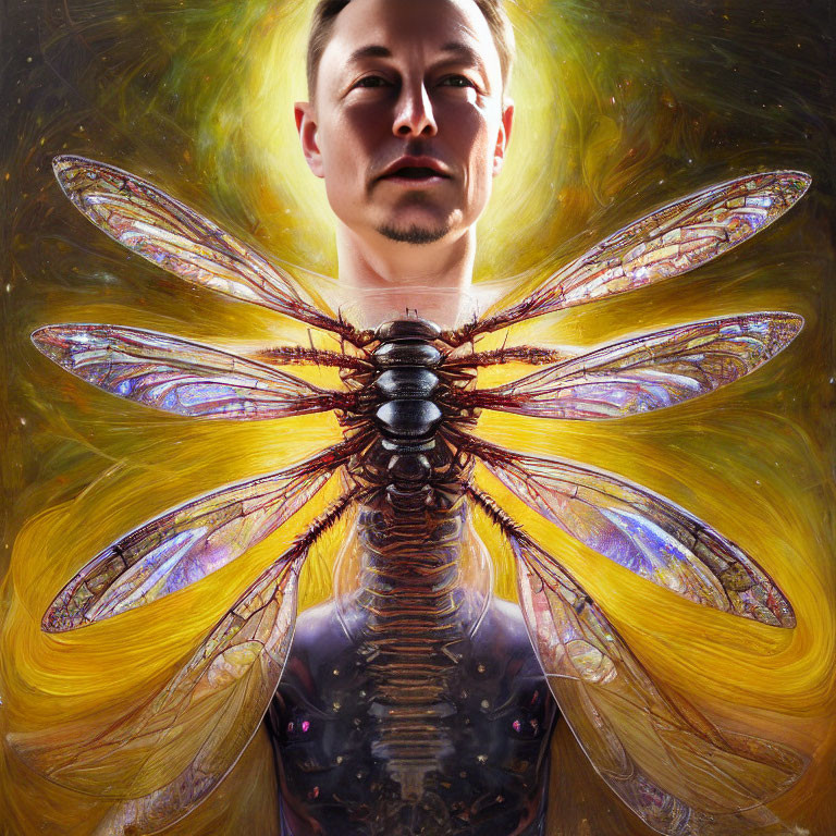 Surreal portrait: person's head merges with dragonfly body on golden backdrop