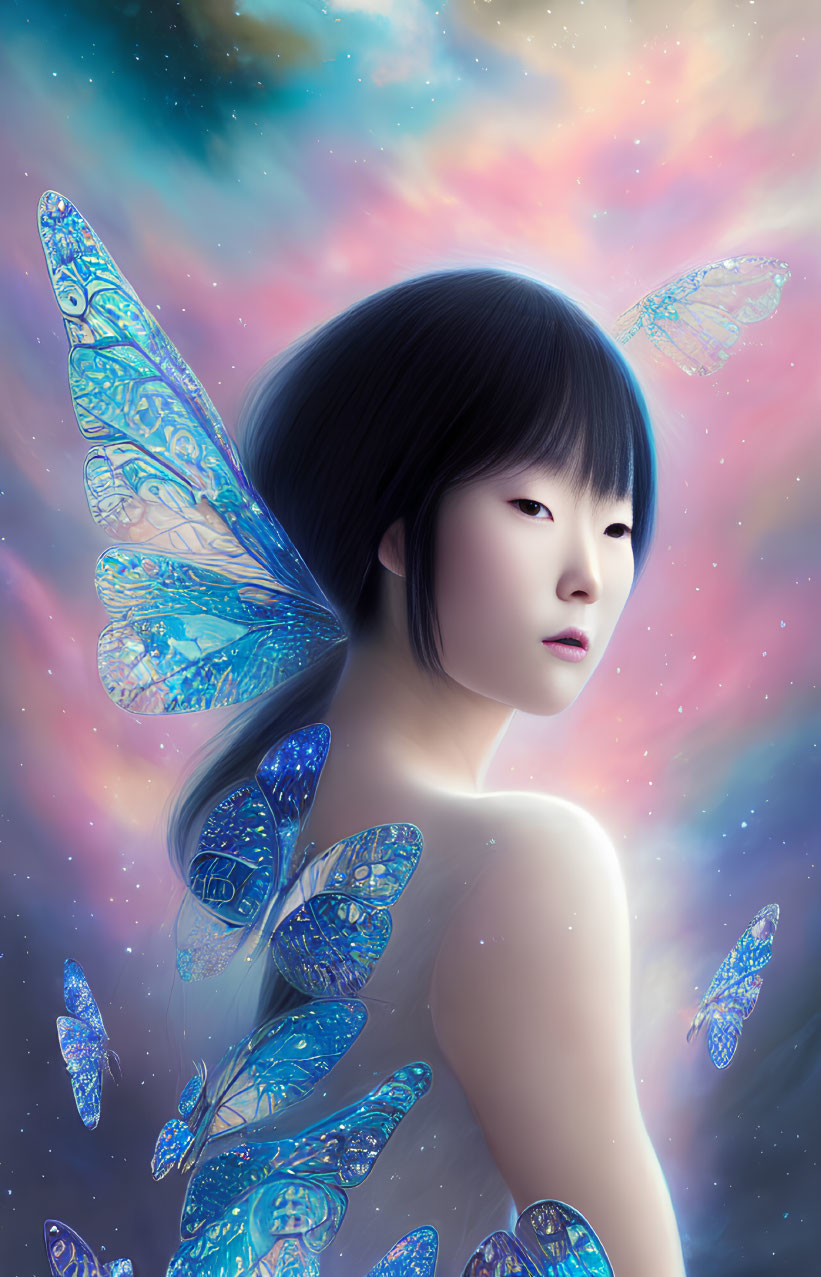 Person with Butterfly Wings in Surreal Cosmic Setting