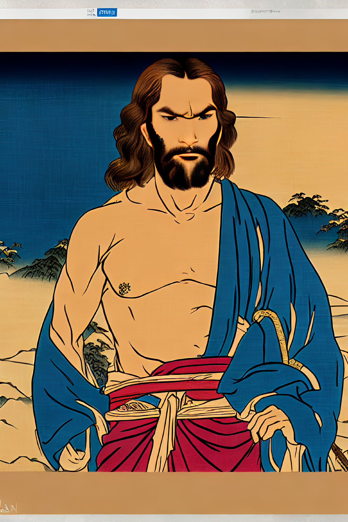 Muscular man with long hair and beard in blue and red traditional outfit against stylized landscape.