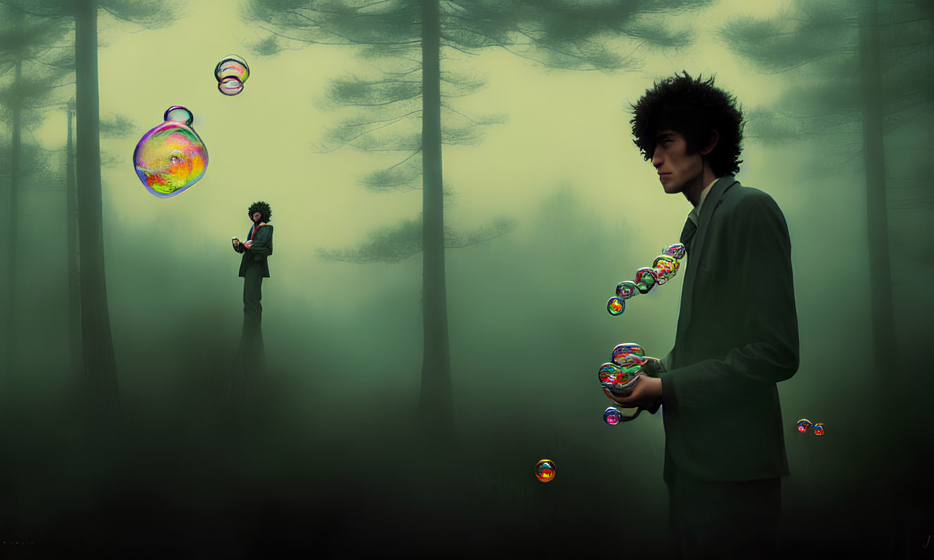 Person in Afro and Suit in Foggy Forest with Colorful Soap Bubbles