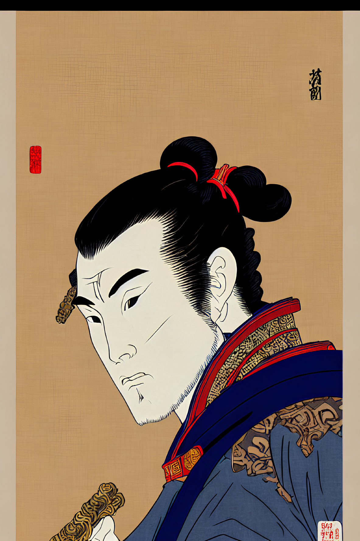 Traditional Japanese woodblock print of a man in blue robe with intricate designs