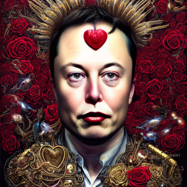 Stylized portrait of solemn figure with heart, halo, armor, and red roses