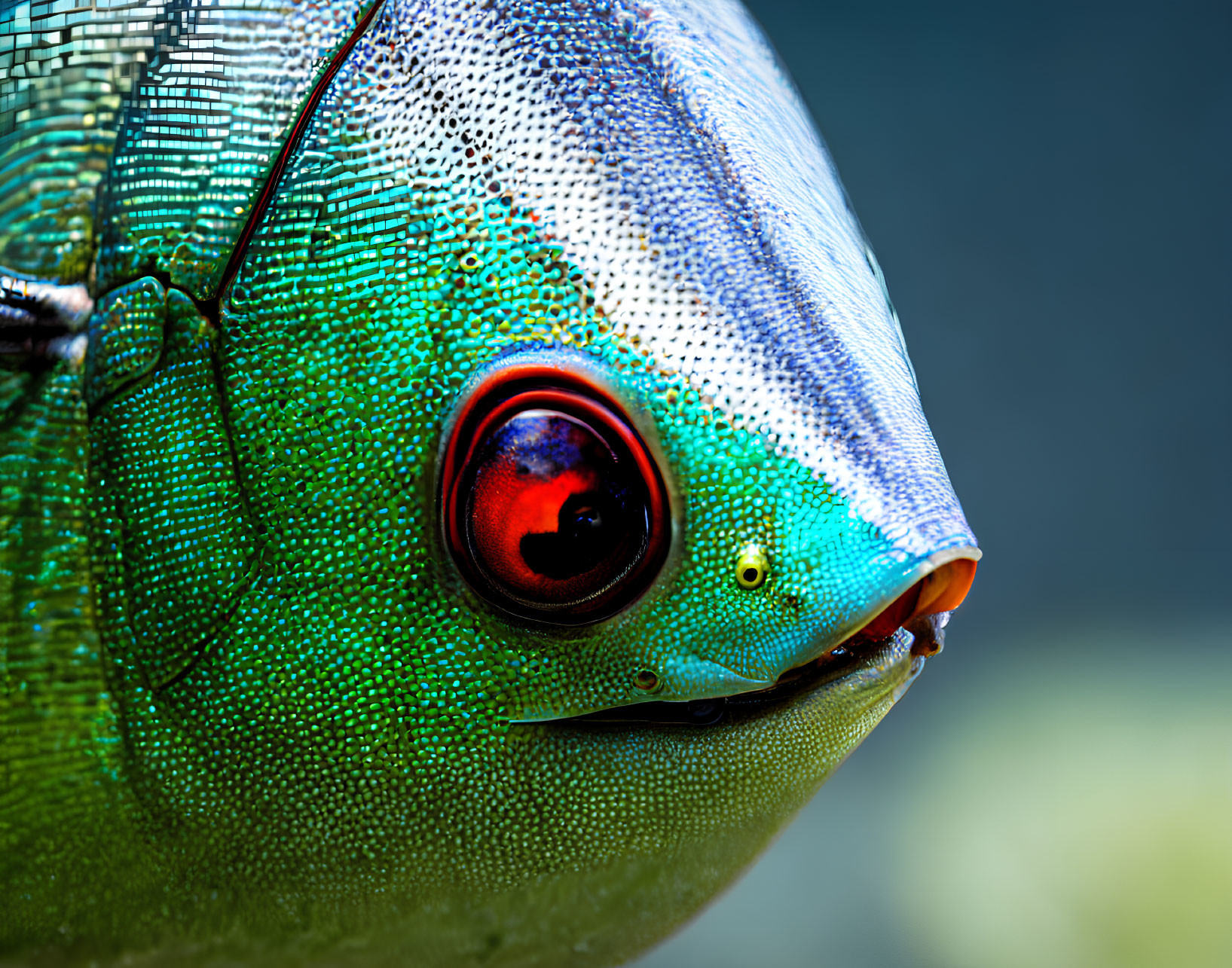 Iridescent fish with shiny red eye.