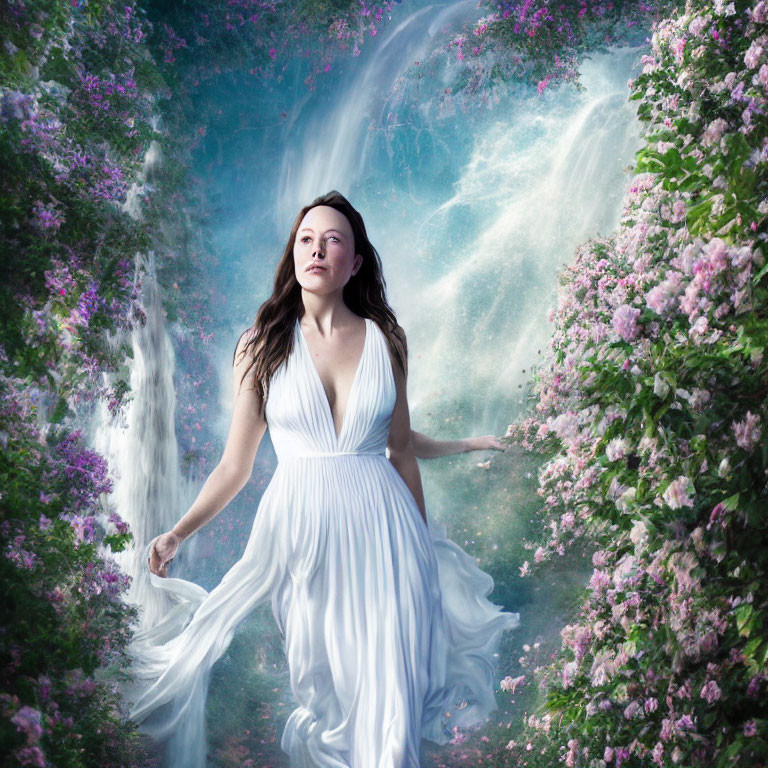 Woman in White Dress Surrounded by Flowers and Waterfall