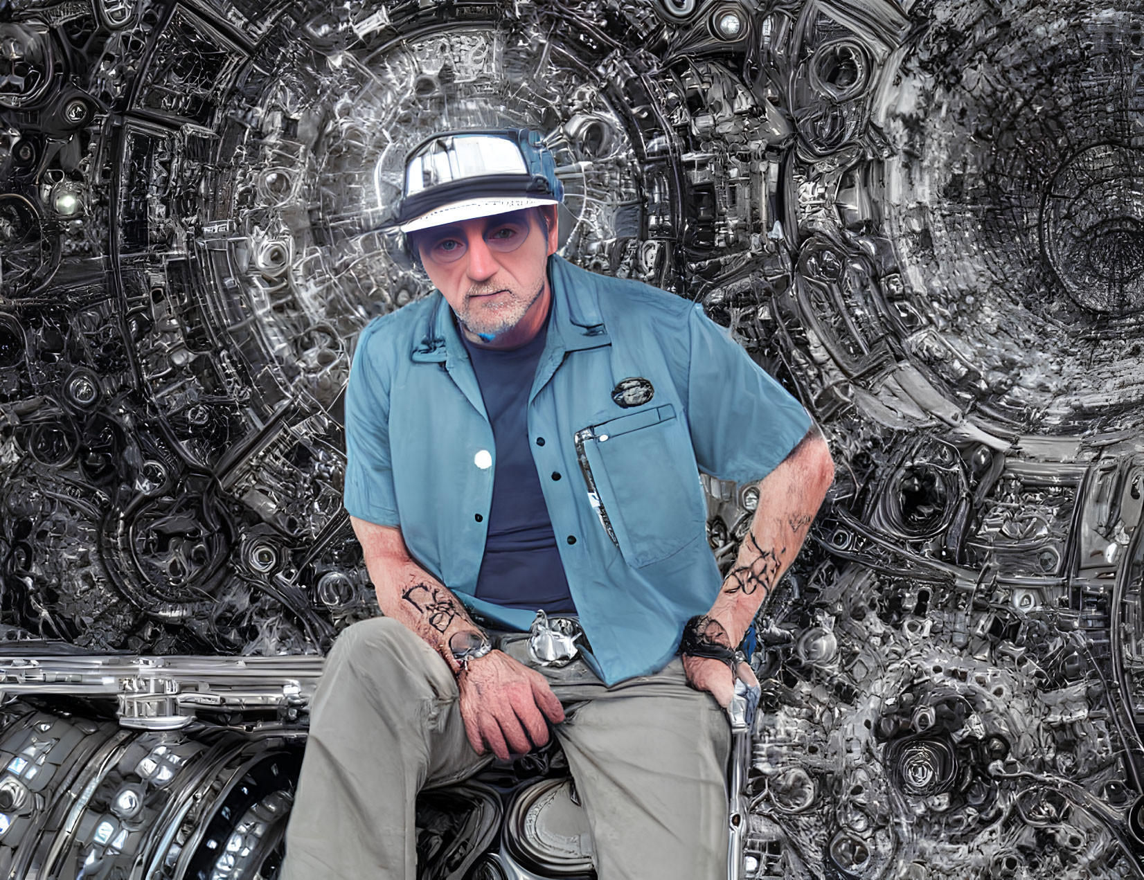 Man in Blue Shirt and Hat Sitting in Front of Complex Mechanical Backdrop