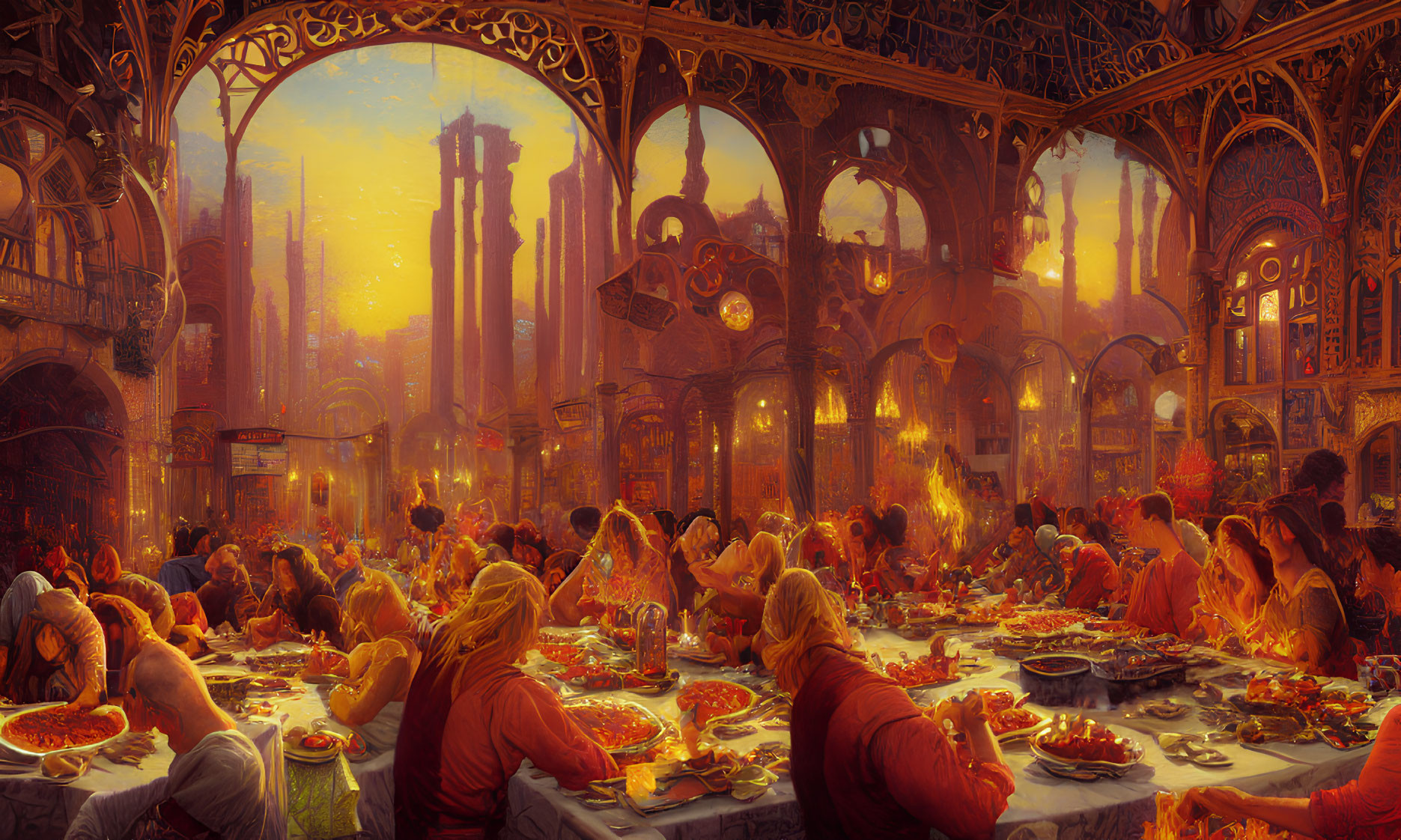 Medieval banquet in grand hall with Gothic arches and warm golden light