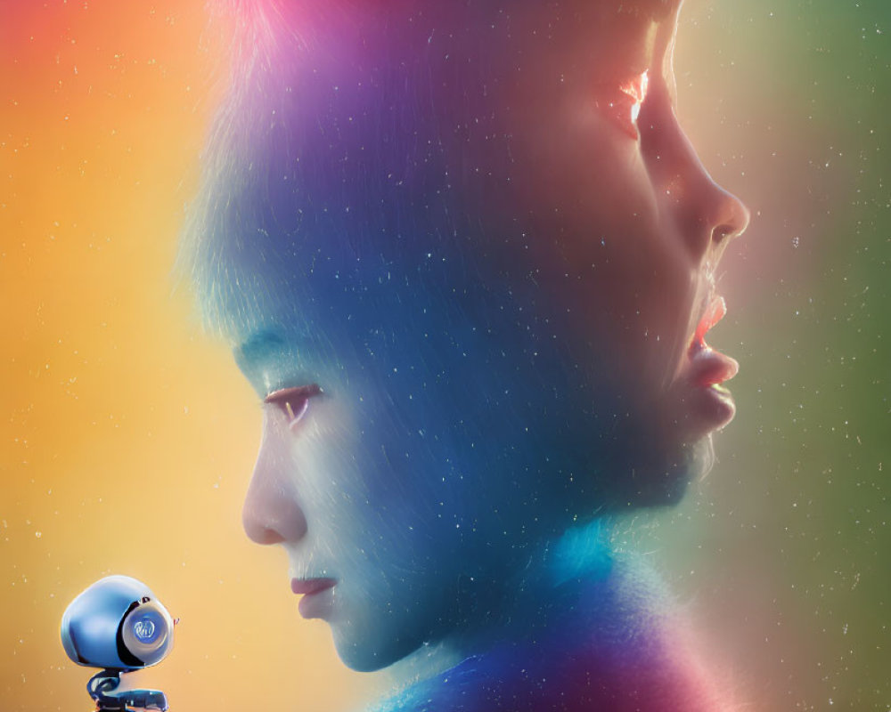 Vibrant profile portrait with two individuals and a small robot on cosmic background
