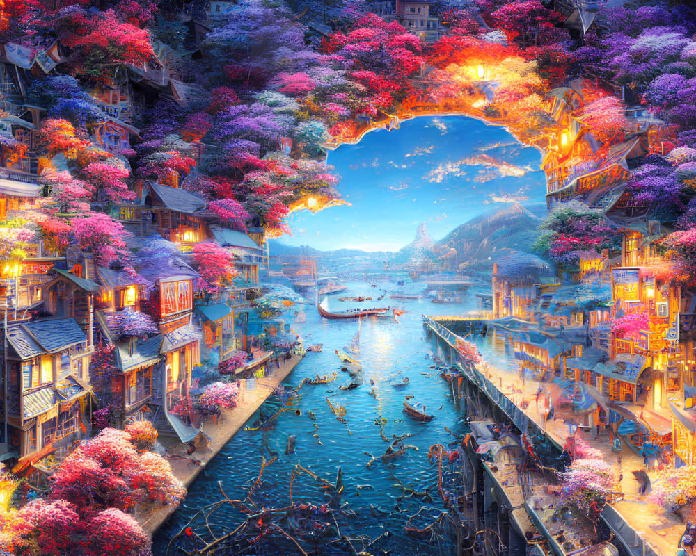 Colorful Blossoming Trees and Traditional Architecture in a Fantastical Canal City
