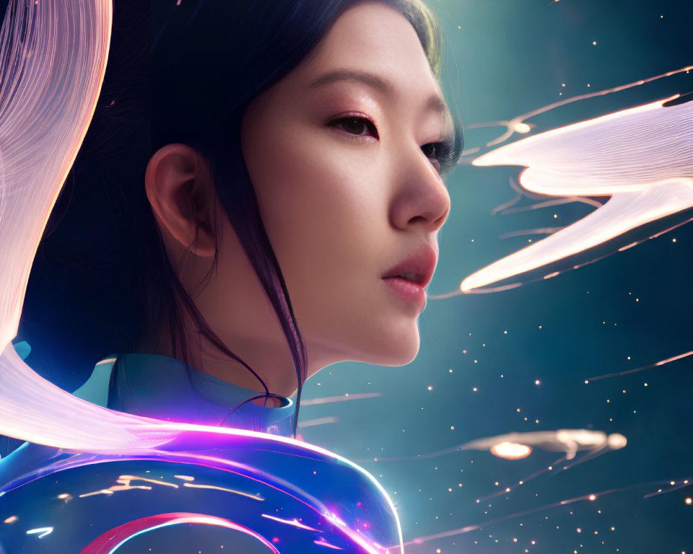 Digital artwork: Woman with East Asian features in cosmic setting