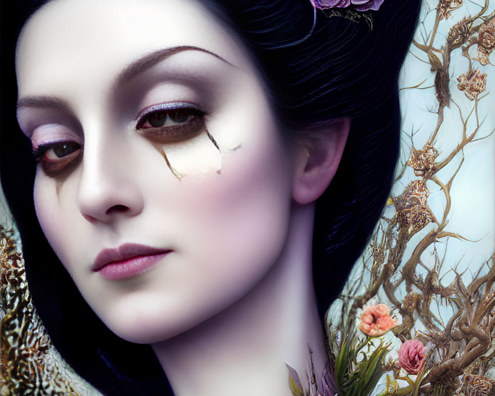 Portrait of Woman with Pale Skin, Dark Hair, Purple Flowers, Branches, and Butterflies