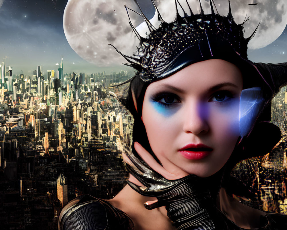 Futuristic woman with striking makeup and spiky headpiece against cityscape with dual moons