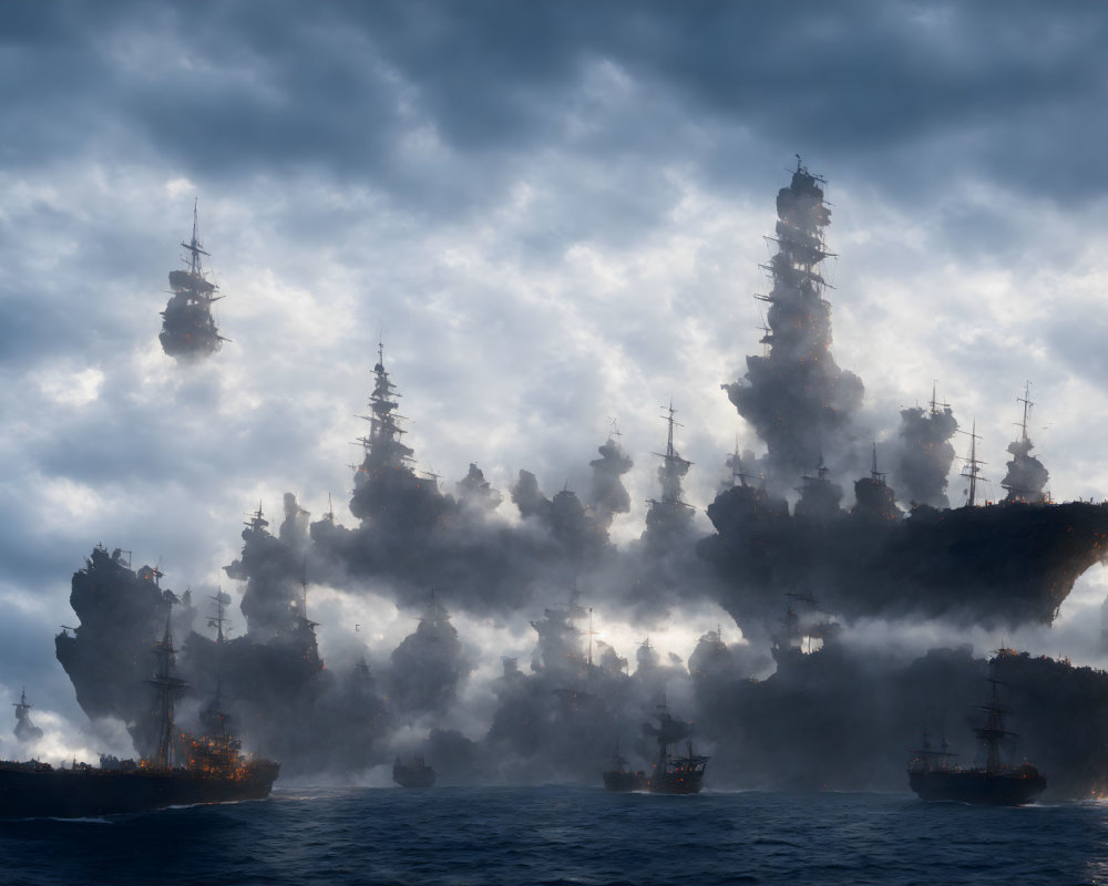 Ghostly pirate ships on turbulent sea under dramatic sky
