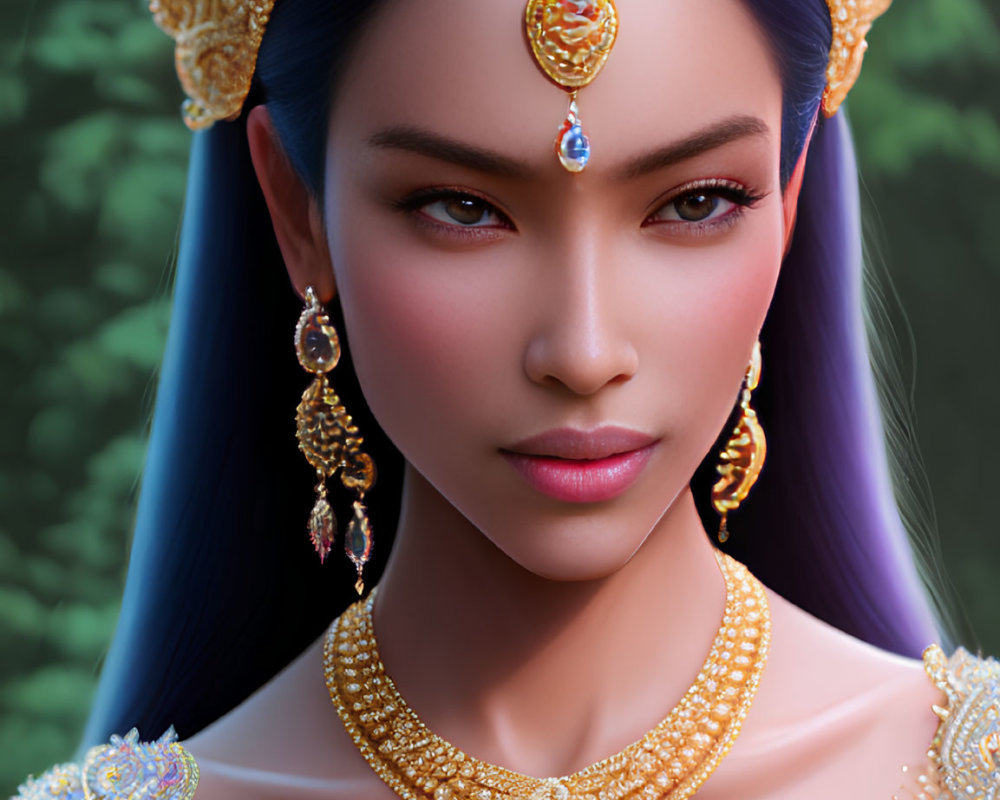 Intricate golden headdress and jewelry on serene woman in natural setting