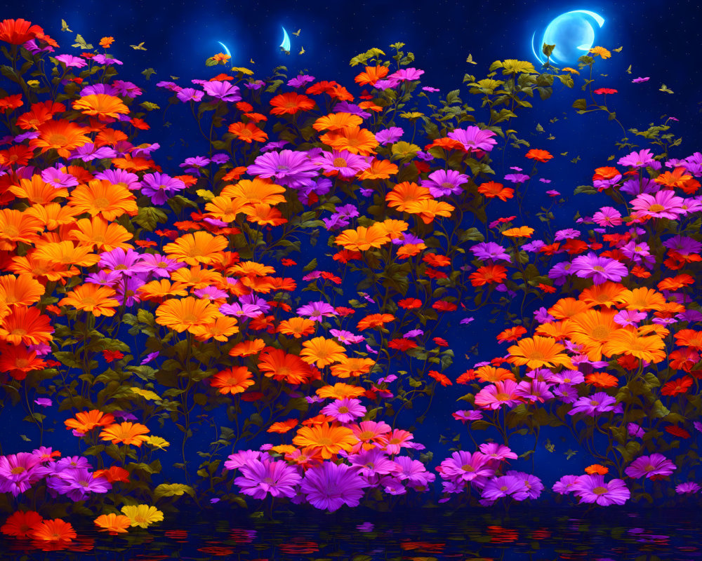 Colorful Orange and Purple Flowers with Glowing Butterflies and Stars on Night Sky Reflection