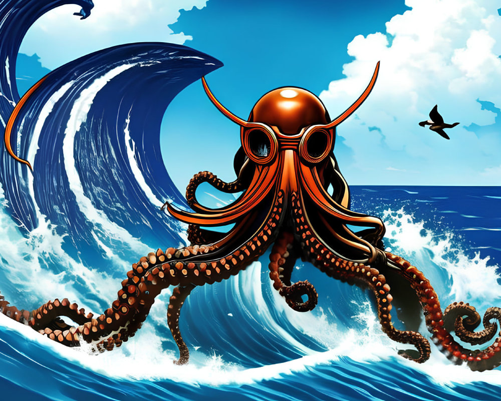 Stylized octopus with goggles in ocean waves and bird in sky