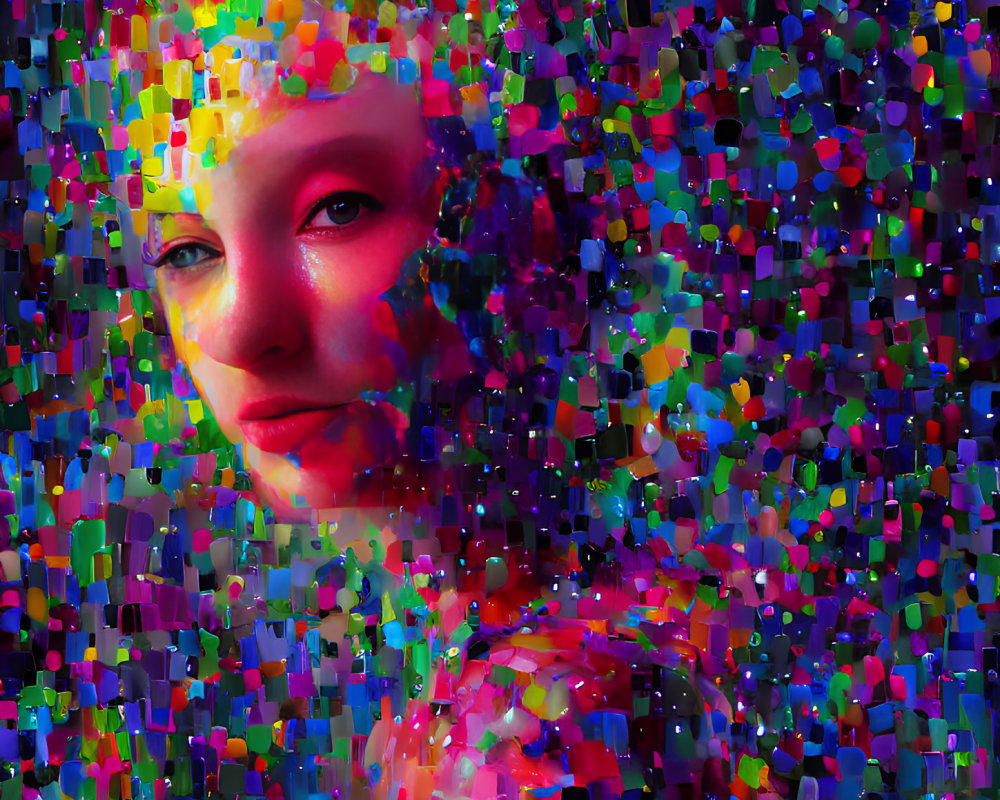 Vibrant digital portrait of a woman with mosaic effect