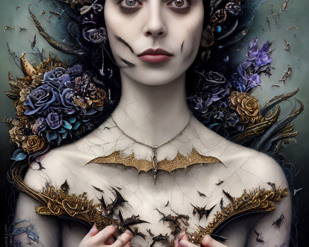 Pale Woman with Dark Eye Makeup Surrounded by Flowers and Butterflies