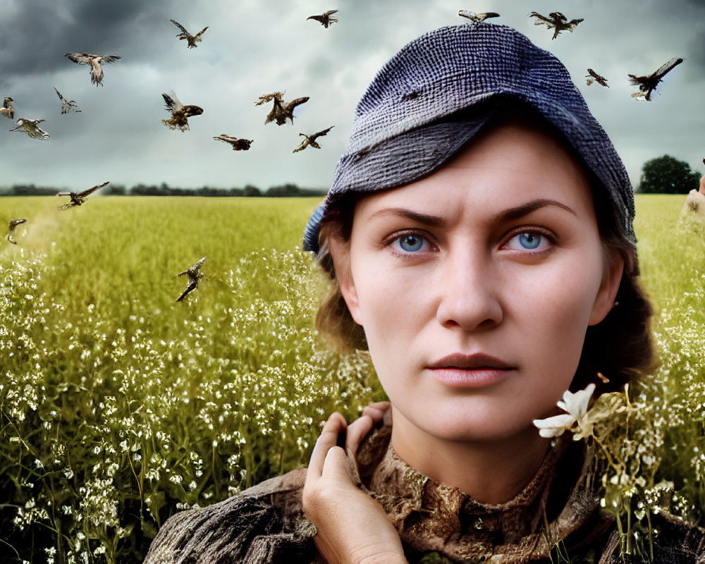 Woman with blue eyes in cap in flower field with birds and person under cloudy sky