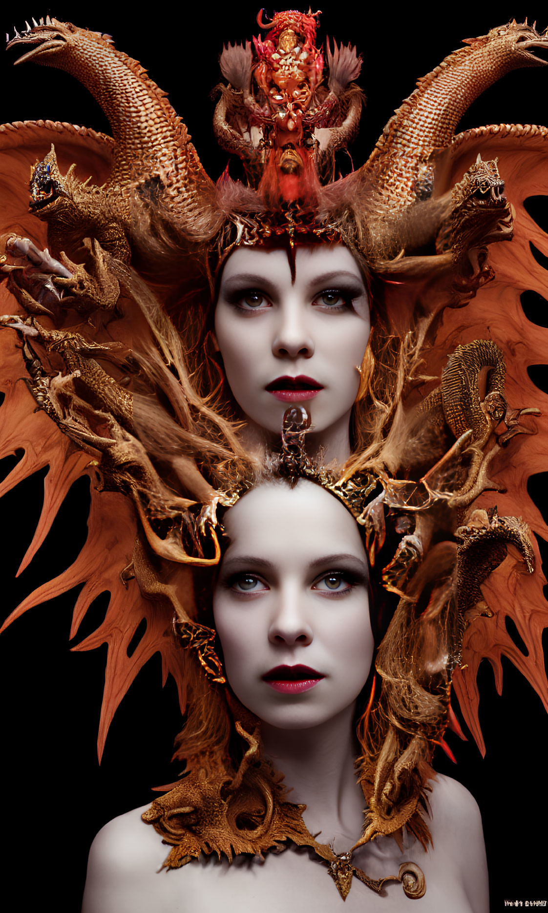 Stylized portrait of two women with dragon-themed headpieces on black background