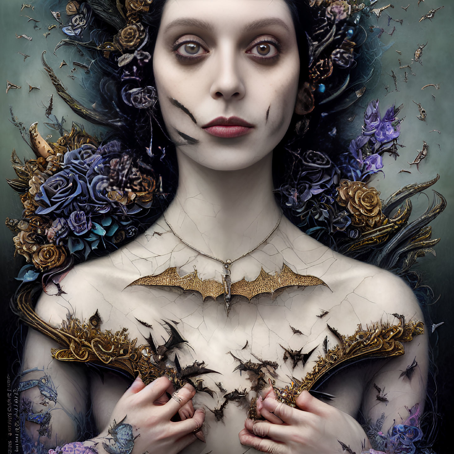 Pale Woman with Dark Eye Makeup Surrounded by Flowers and Butterflies