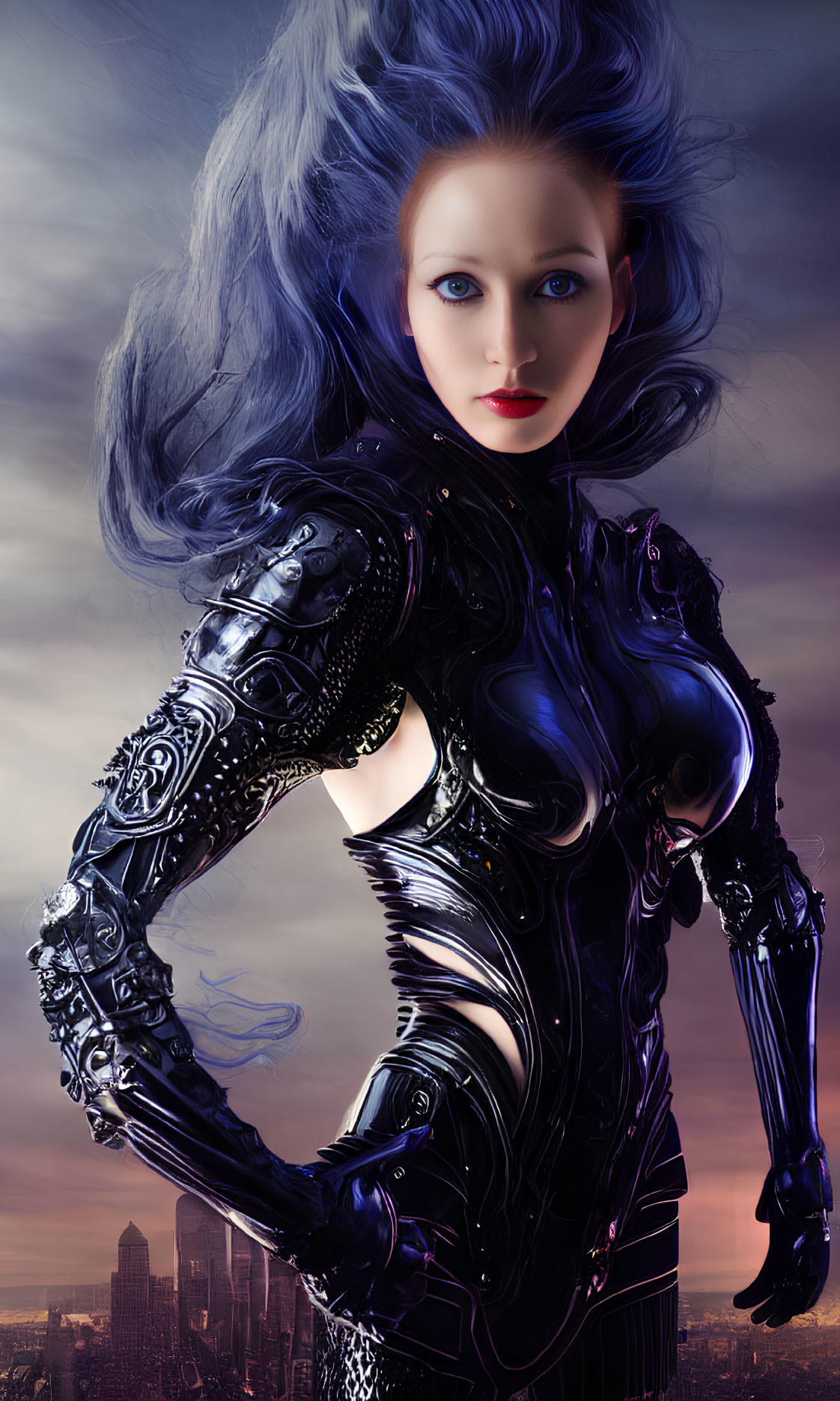 Digital artwork: Pale-skinned woman with blue eyes and hair in futuristic armor against cityscape.