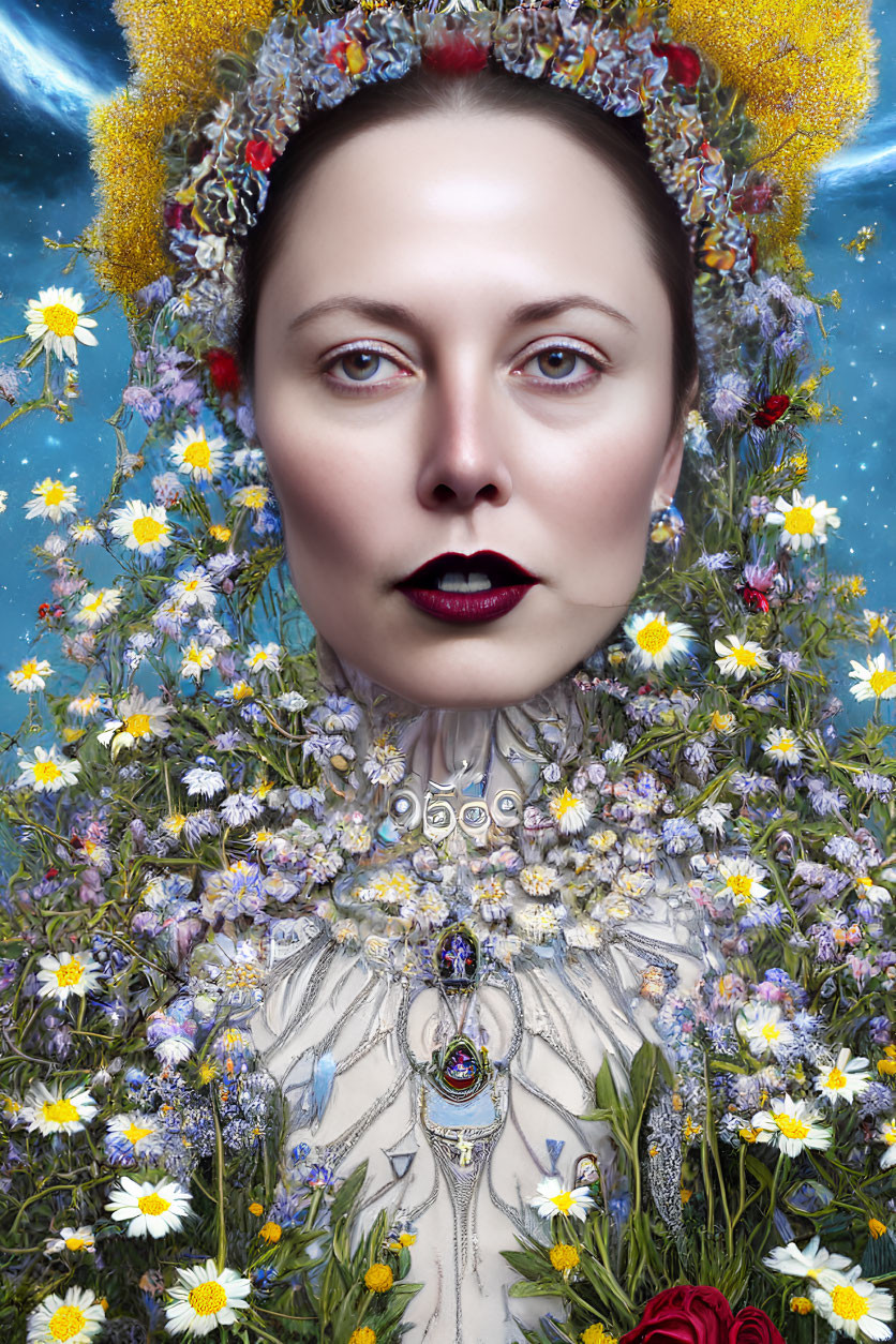 Symmetrical portrait of woman with floral headpiece against blue sky
