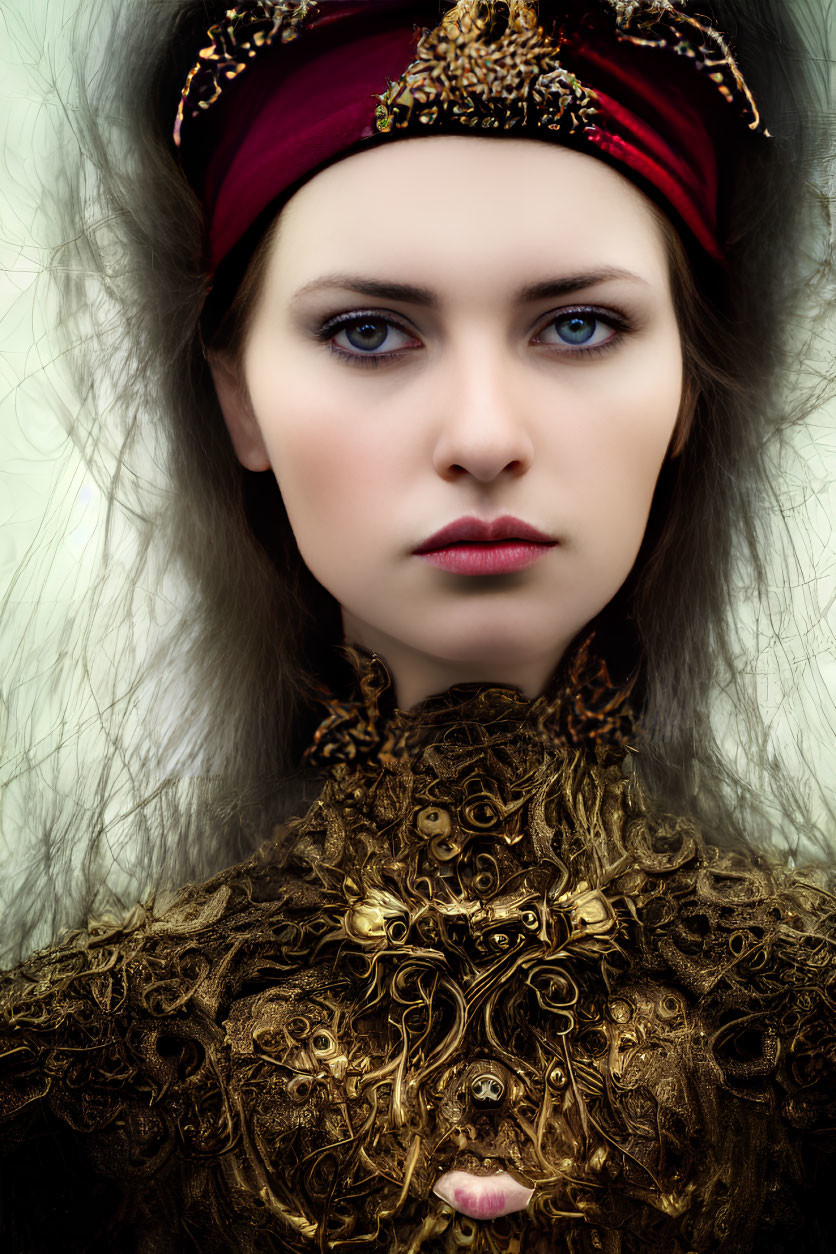 Intense gaze woman with red headband and gold collar on pale background