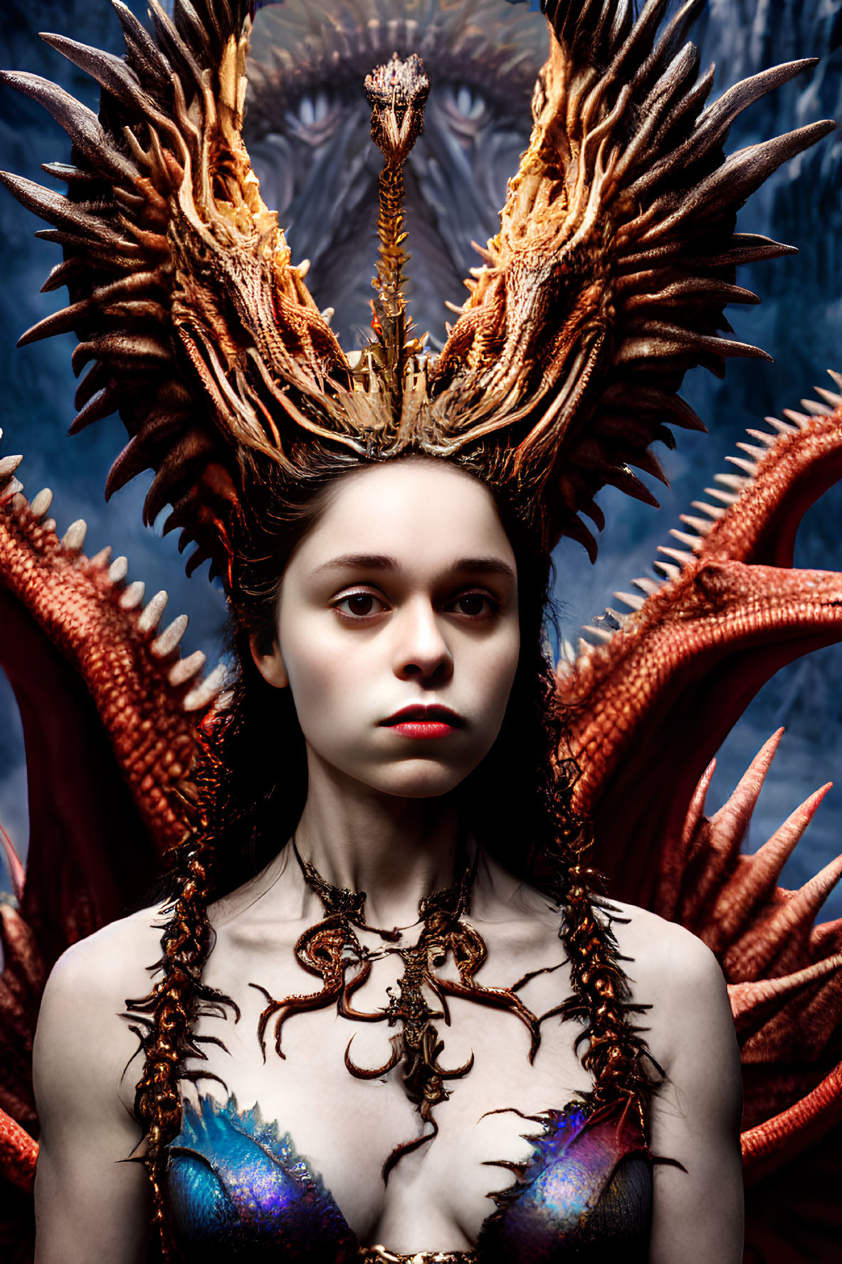Pale-skinned woman with dragon-themed headdress and jewelry in fantastical setting