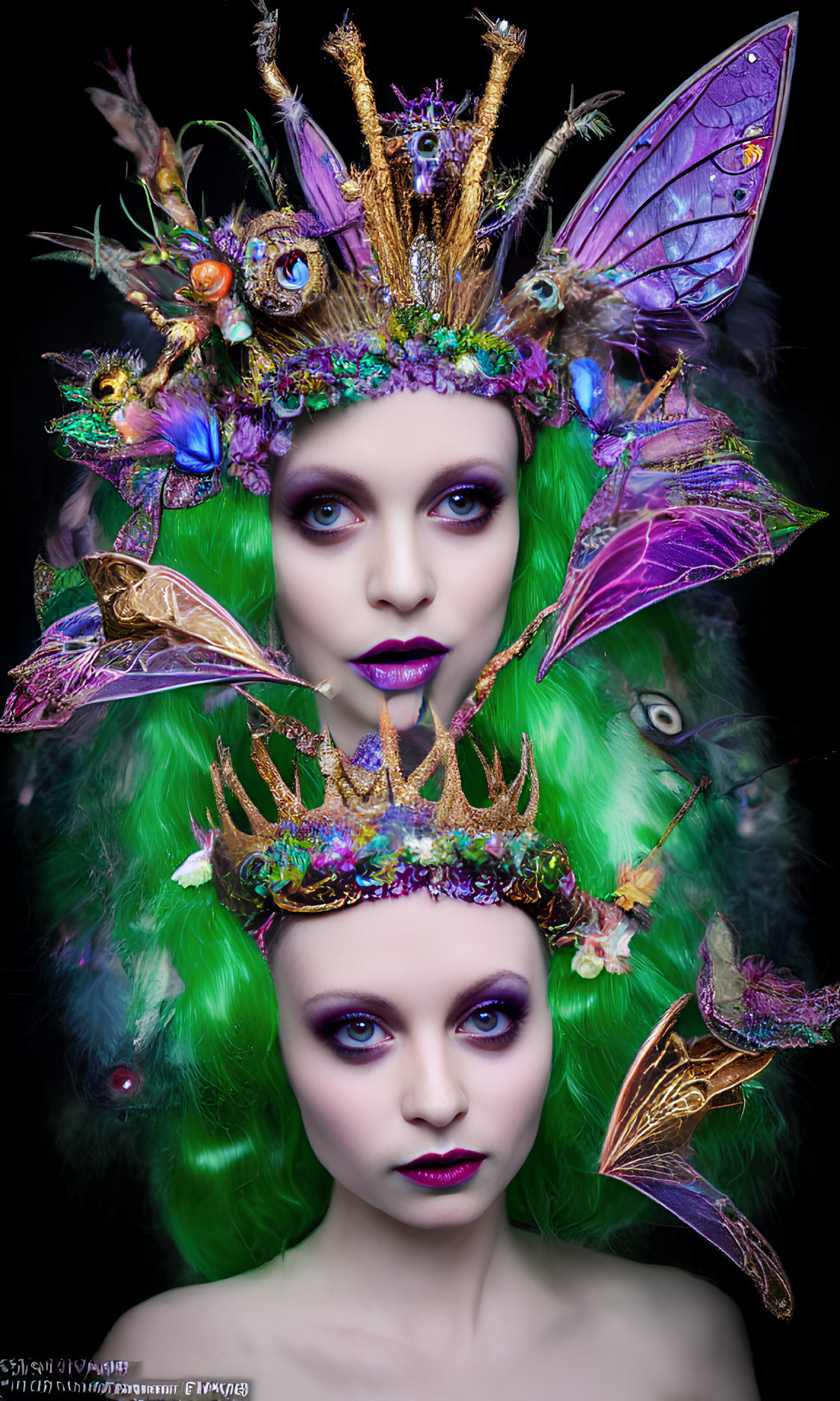 Two women in fantasy makeup with green hair and nature-themed crowns on black background